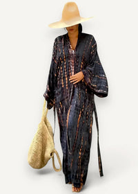 Black kimono cardigan flowing tie-dye kaftan with wide sleeves in black and copper colors
