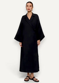 Black kimono dress long featuring a minimalist wrap coat design with wide sleeves and a sleek silhouette