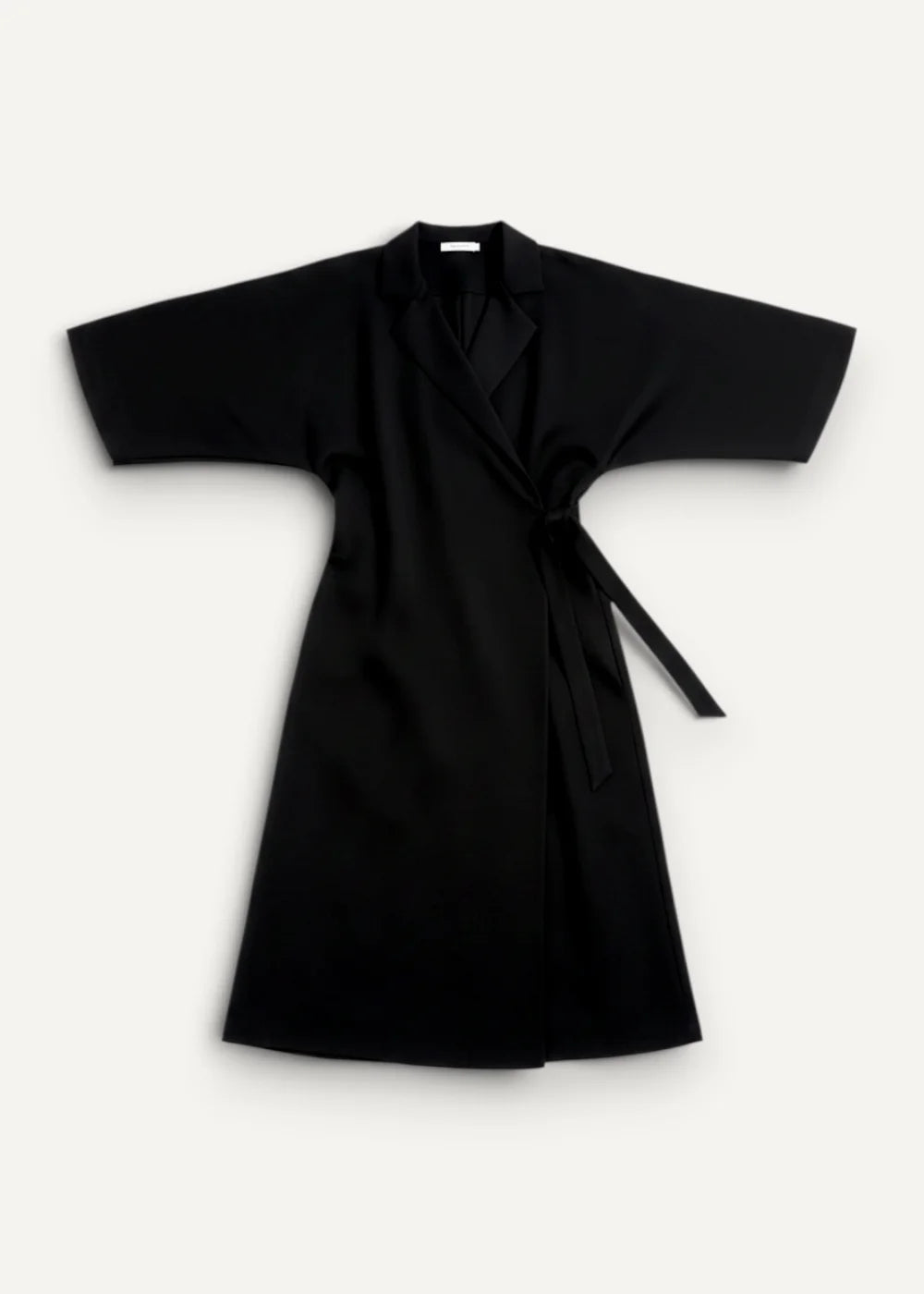 Black kimono dress long in wrap style with short sleeves and tied belt made from soft fabric