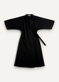 Black kimono dress long in wrap style with short sleeves and tied belt made from soft fabric