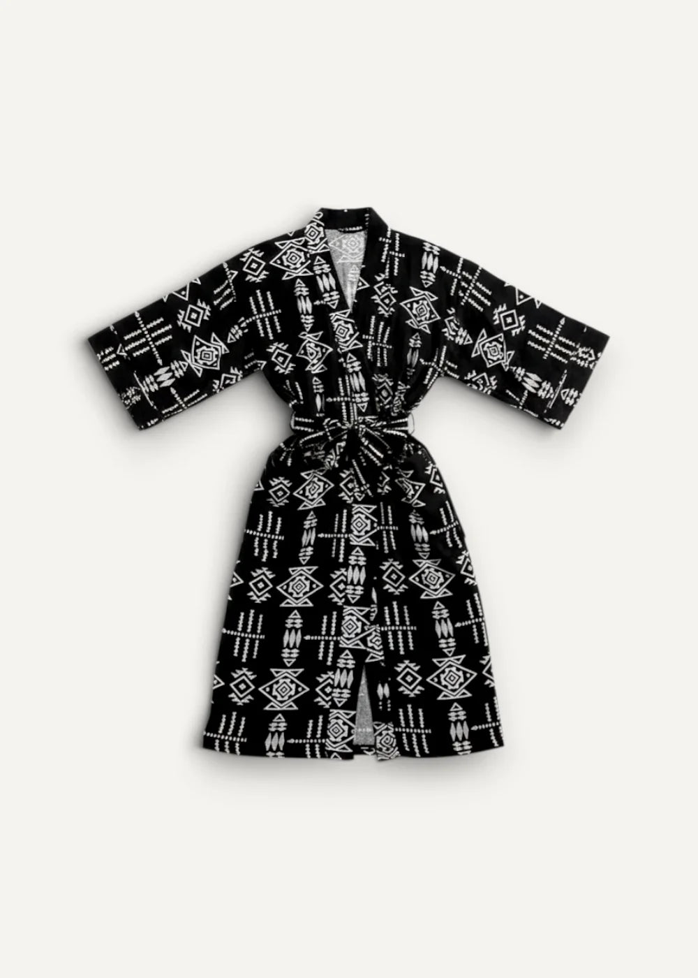 Black kimono dress with white geometric patterns and matching belt made from lightweight fabric for stylish wear