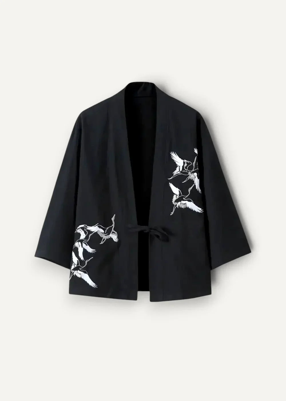 Black kimono jacket men with black embroidered crane design and white bird motifs on the sleeves
