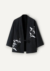 Black kimono jacket men with black embroidered crane design and white bird motifs on the sleeves