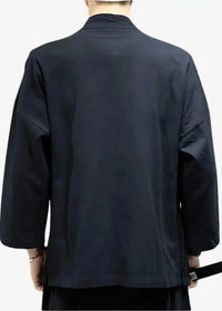 Black kimono jacket men lightweight cotton with mandarin collar and three quarter sleeves visible from front