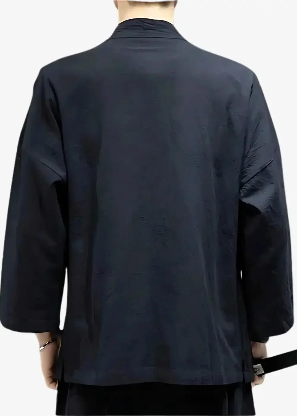Black kimono jacket men lightweight cotton with mandarin collar and three quarter sleeves visible from front