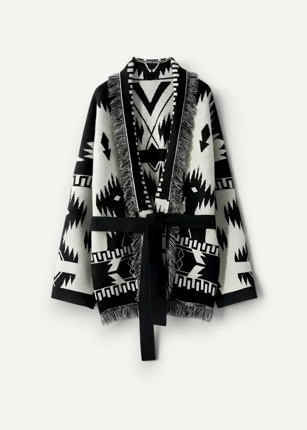 Black kimono jacket women’s black and white geometric patterned knit cardigan with fringed edges and matching belt