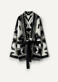 Black kimono jacket women’s black and white geometric patterned knit cardigan with fringed edges and matching belt