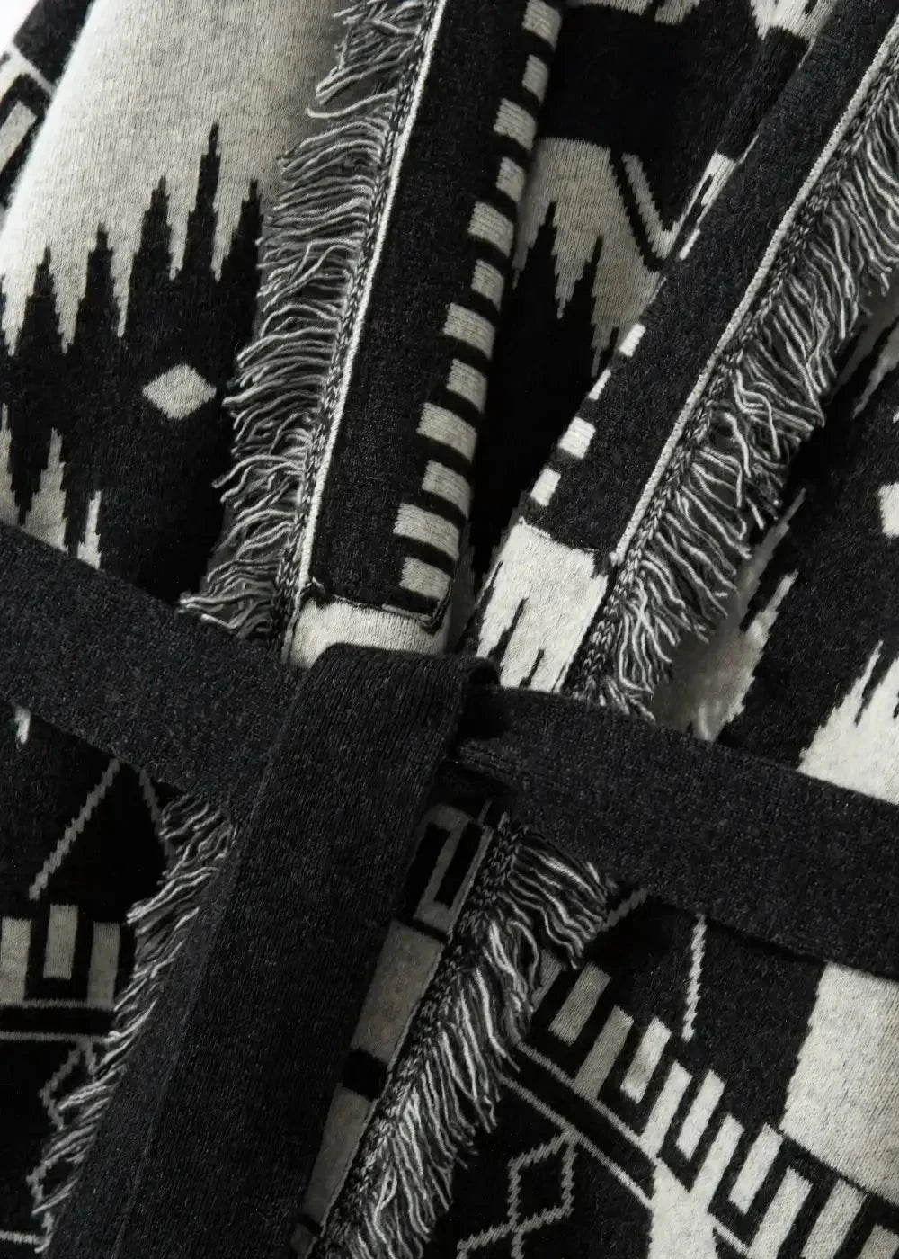 Black kimono jacket women’s black and white geometric patterned knit robe with fringed edges