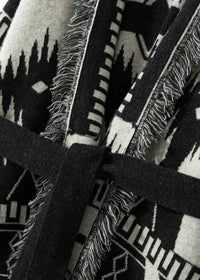 Black kimono jacket women’s black and white geometric patterned knit robe with fringed edges