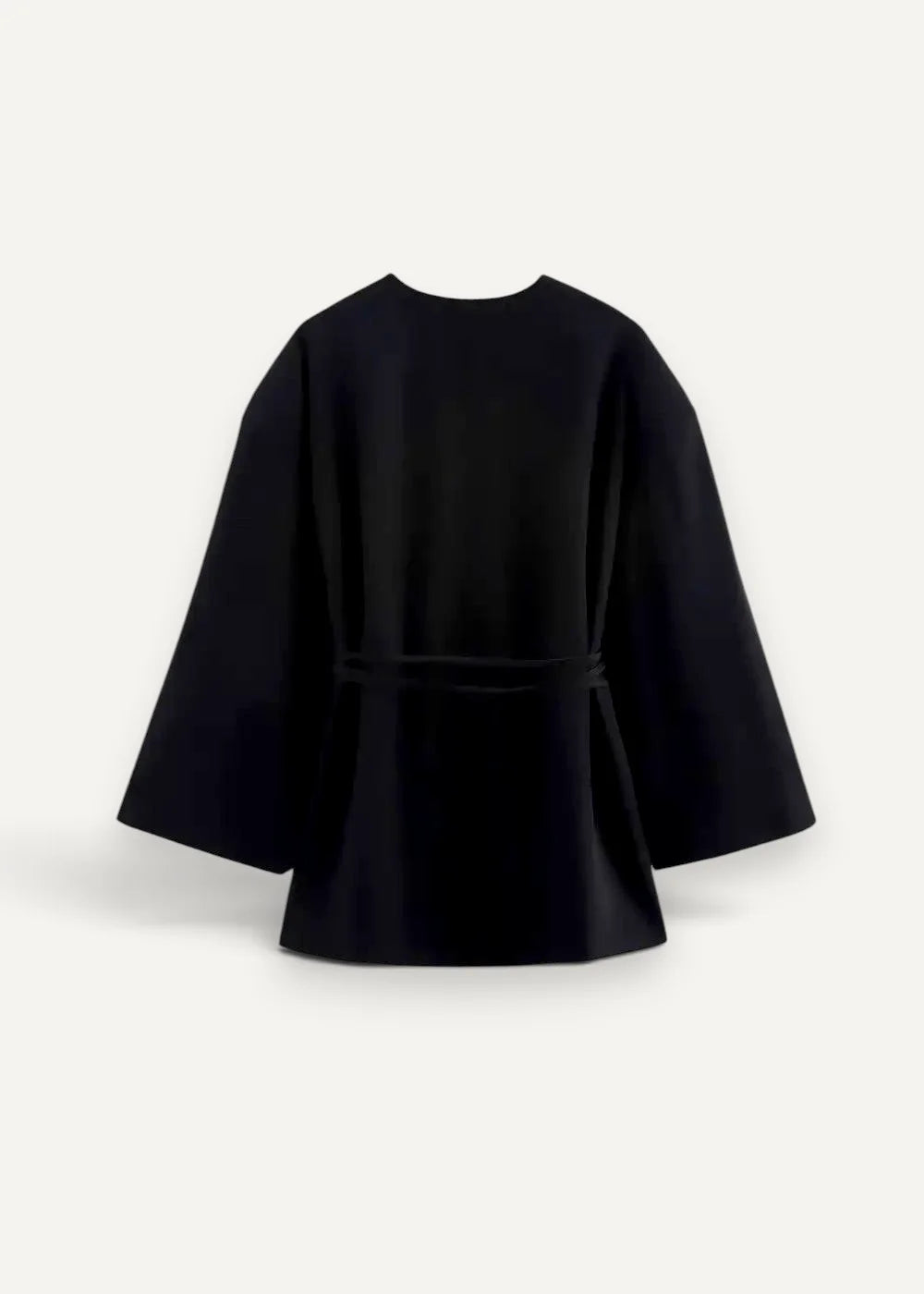 Black kimono jacket with wide flared sleeves and a tie belt cinched at the waist