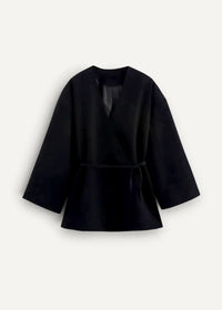 Black kimono jacket with wrap style three quarter sleeves and tied waistband in soft fabric