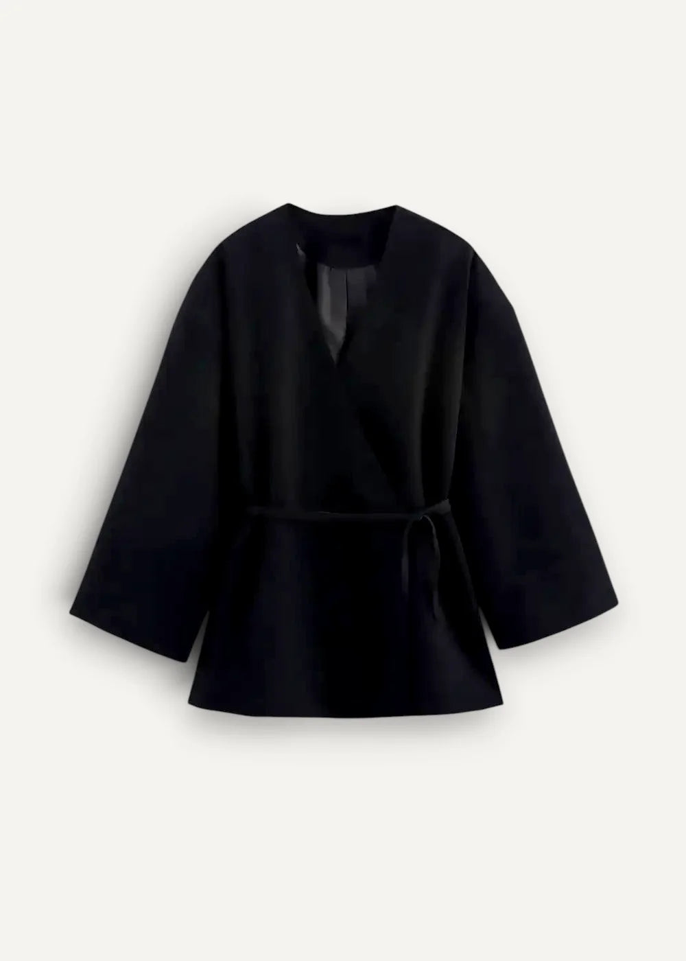 Black kimono jacket with wrap style three quarter sleeves and tied waistband in soft fabric