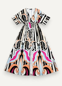 Black kimono maxi dress featuring bold black and white stripes with abstract pink orange and light blue patterns