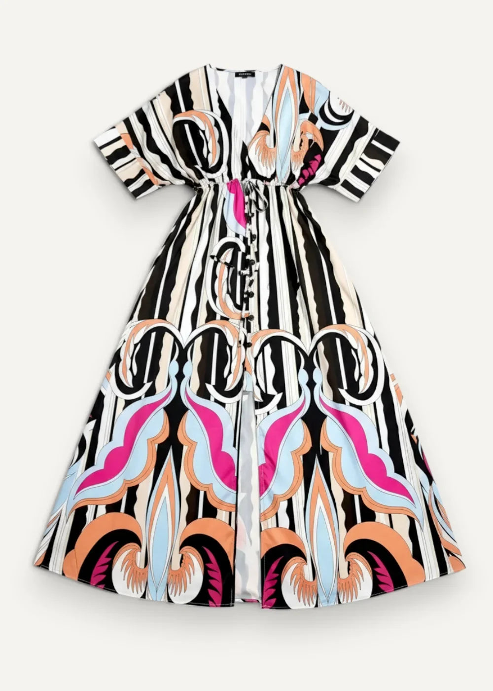 Black kimono maxi dress featuring bold black and white stripes with abstract pink orange and light blue patterns