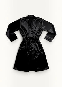 Black kimono robe in black satin with belted waist and long sleeves for comfortable loungewear