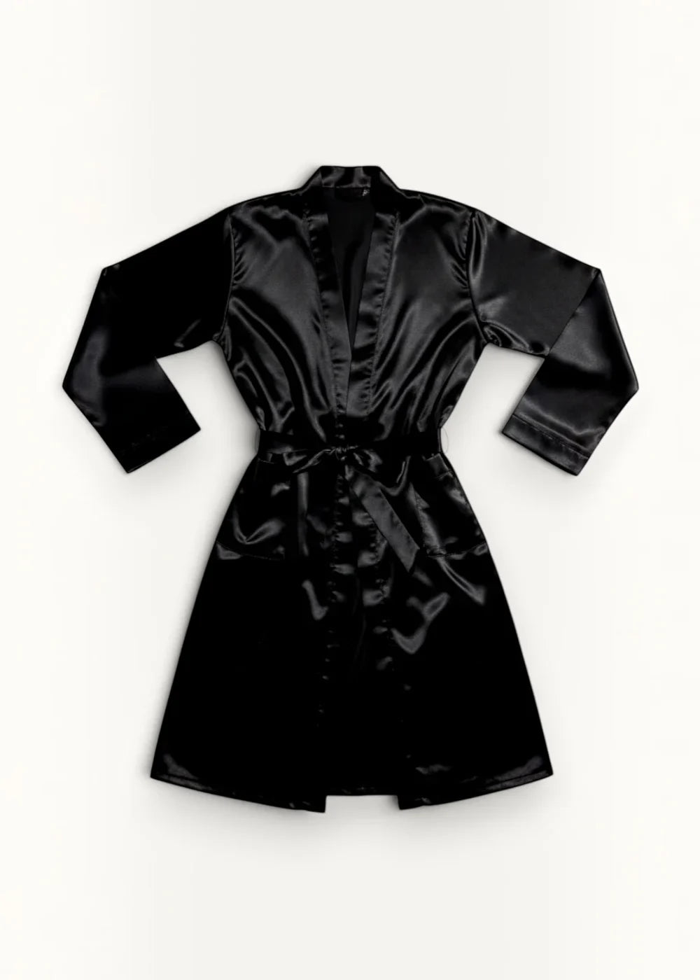Black kimono robe in black satin with belted waist and long sleeves for comfortable loungewear