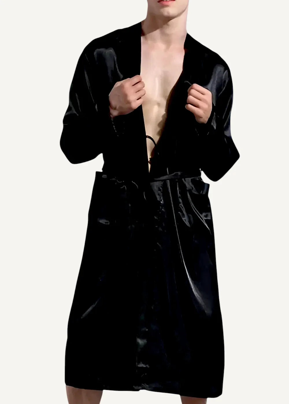 Black kimono robe made of sleek black satin with a glossy finish and a belted waist for comfortable wear
