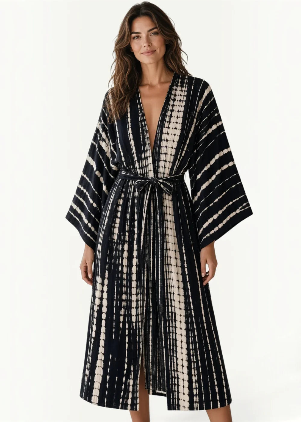 Black kimono swim cover up with black and white tie-dye pattern wide sleeves and self-tie belt in lightweight fabric