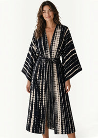 Black kimono swim cover up with black and white tie-dye pattern wide sleeves and self-tie belt in lightweight fabric