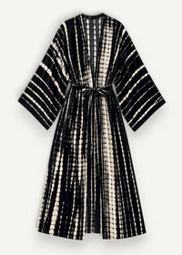 Black kimono swim cover up with black and white tie-dye velvet fabric and a belted waist