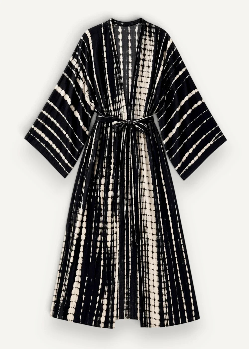 Black kimono swim cover up with black and white tie-dye velvet fabric and a belted waist