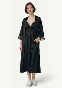 Black nightgown and robe set featuring a black satin robe with delicate lace trim at the neckline and cuffs