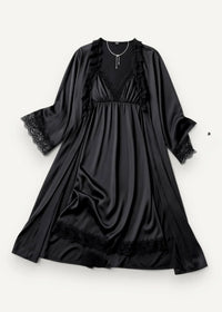 Black satin nightgown with delicate lace trim along neckline sleeves and hem in a nightgown and robe set