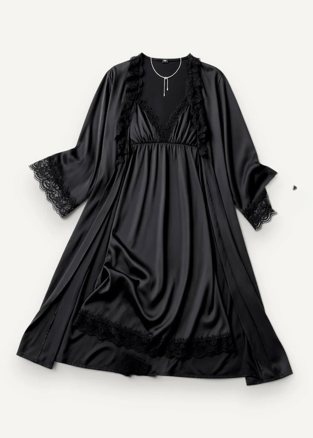 Black satin nightgown with delicate lace trim along neckline sleeves and hem in a nightgown and robe set