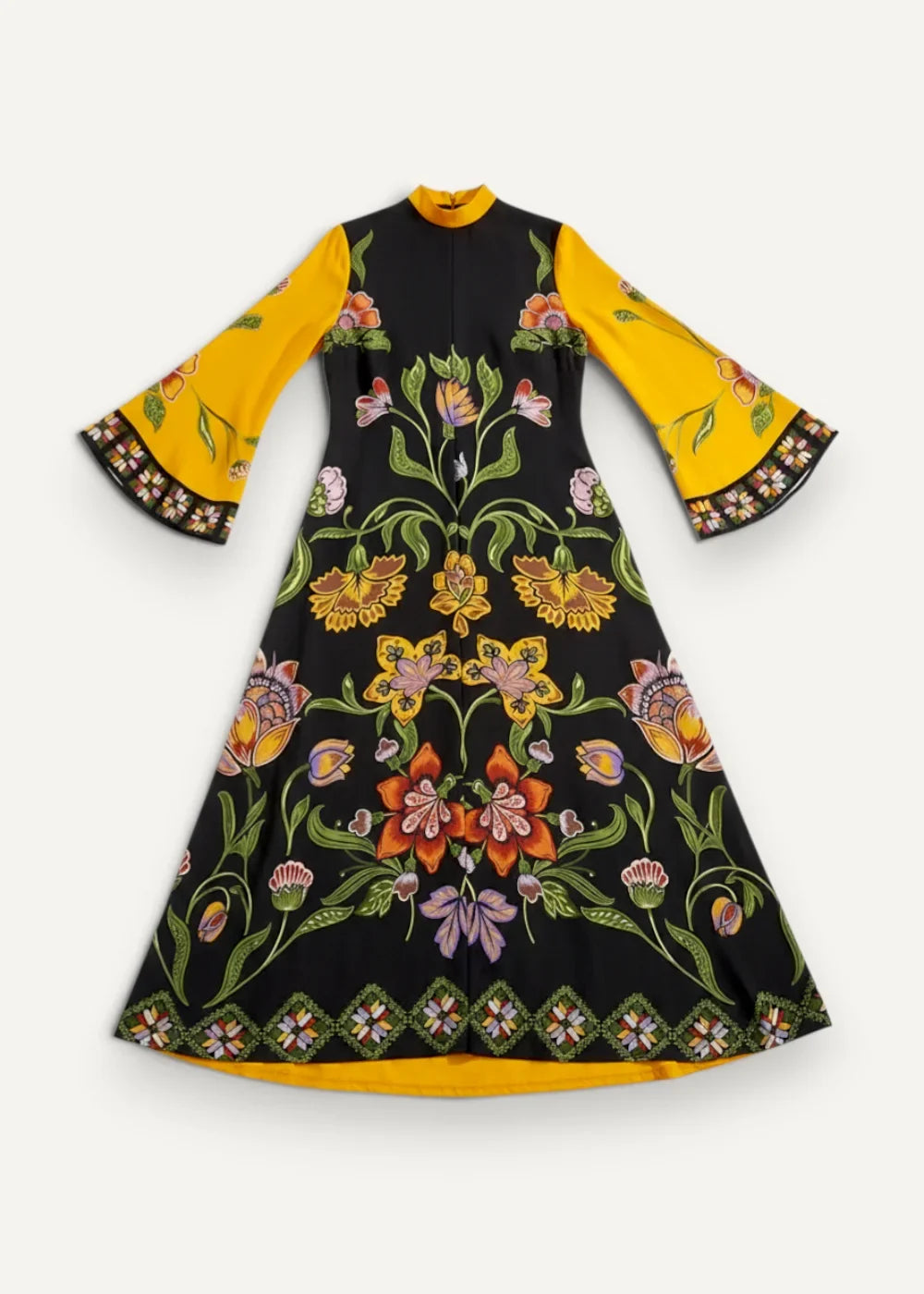 Black satin kimono dress with vibrant floral print black base yellow bell sleeves and hemline with orange pink purple blooms
