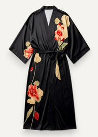 Black satin kimono robe featuring embroidered red and beige floral patterns on smooth satin fabric