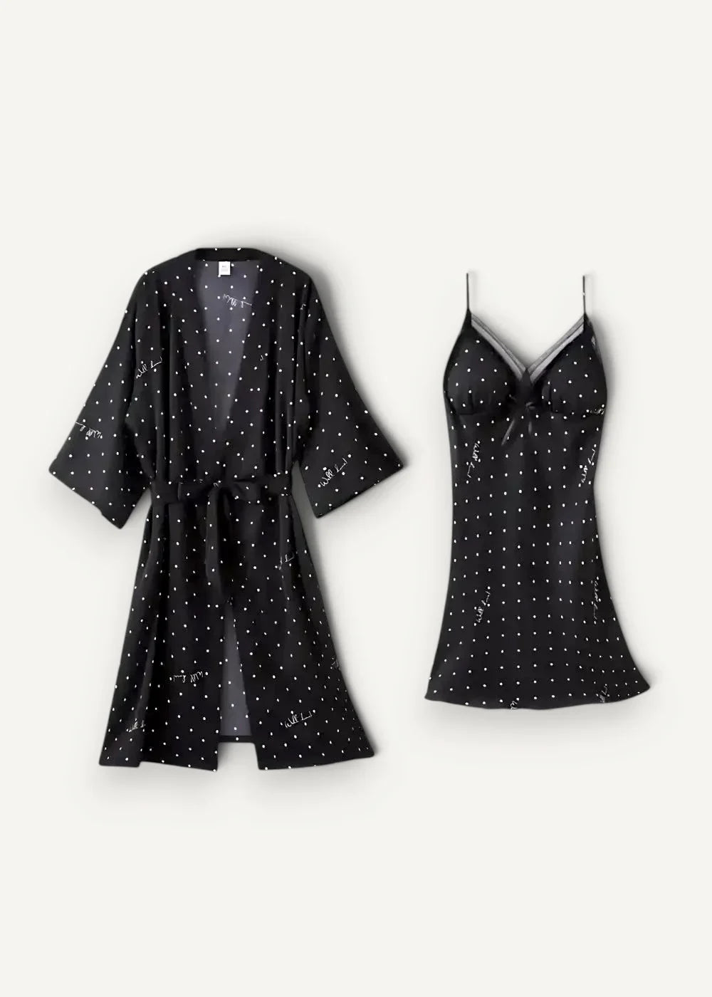 Black satin nightgown and robe featuring white polka dots with matching black satin camisole for elegant sleepwear
