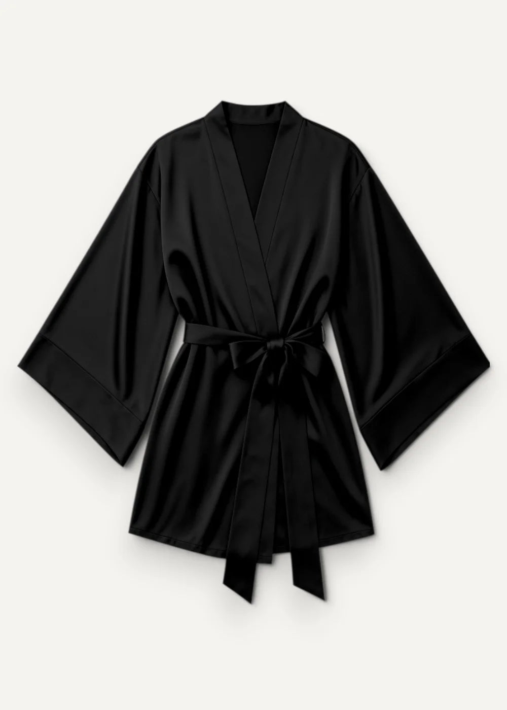 Black satin robe with wide sleeves and a tied waistband made from smooth satin fabric for elegant loungewear