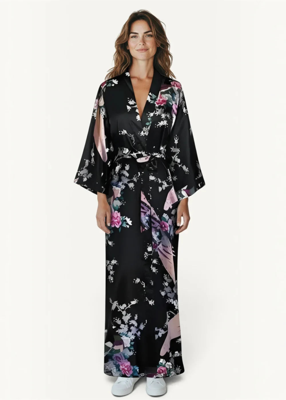 Black silk kimono satin robe with pink purple and white floral pattern showing front side details