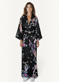 Black silk kimono satin robe with pink purple and white floral pattern showing front side details