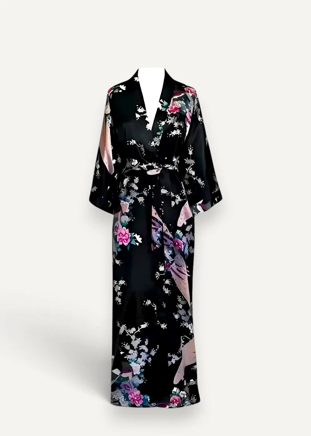 Black silk kimono satin robe with pink purple and white floral pattern showing front side