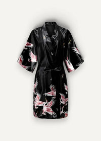 Black silk robe in satin fabric featuring pink and white crane motifs detailing