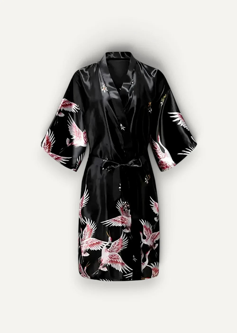 Black silk robe in satin fabric featuring pink and white crane motifs detailing