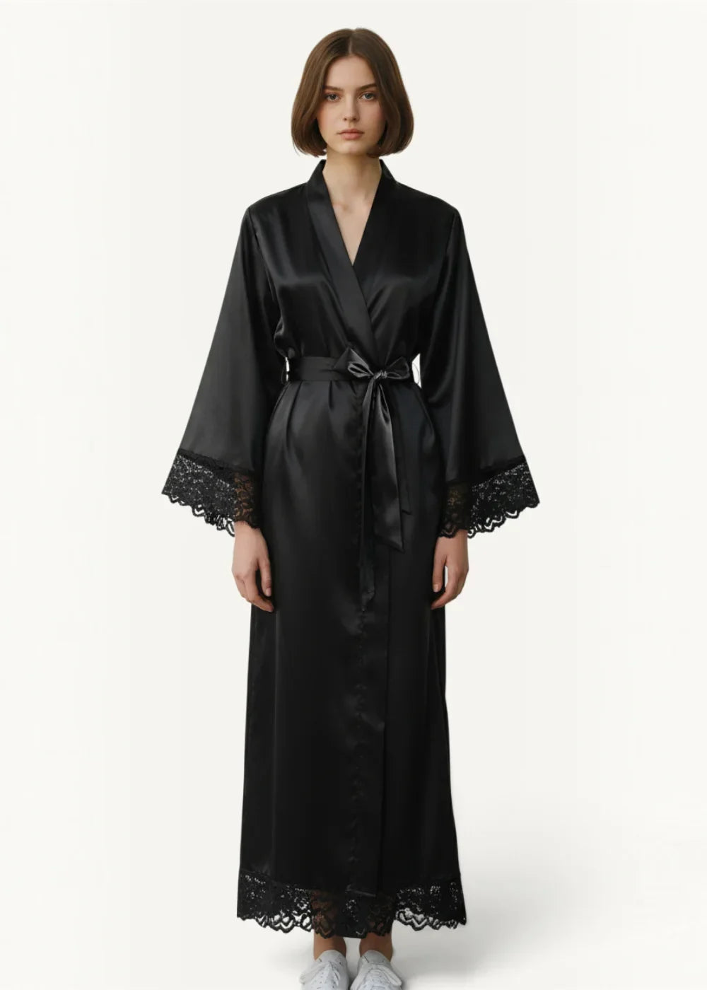 Black silk robe women’s with delicate lace trim at cuffs and hem in smooth satin fabric