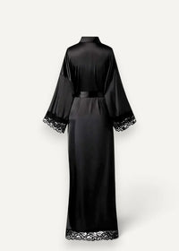 Black silk robe women featuring a black satin fabric with delicate lace trim at cuffs hem and waistband