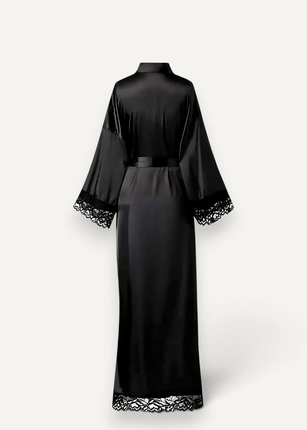 Black silk robe women featuring a black satin fabric with delicate lace trim at cuffs hem and waistband