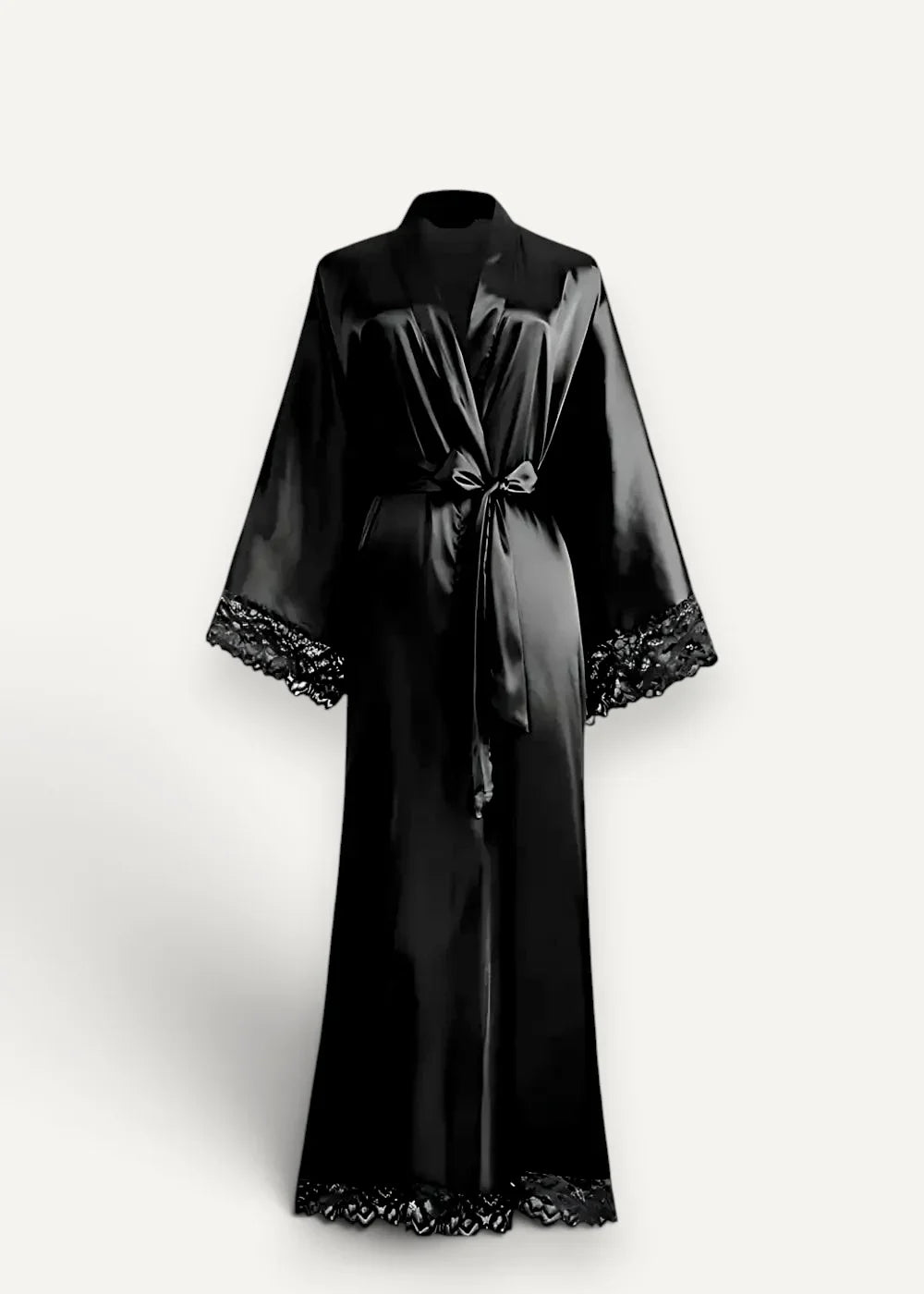 Black silk robe women’s with delicate lace trim along cuffs and hem in black satin material