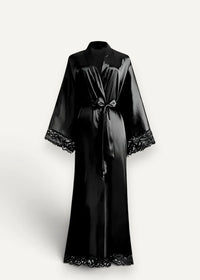 Black silk robe women’s with delicate lace trim along cuffs and hem in black satin material