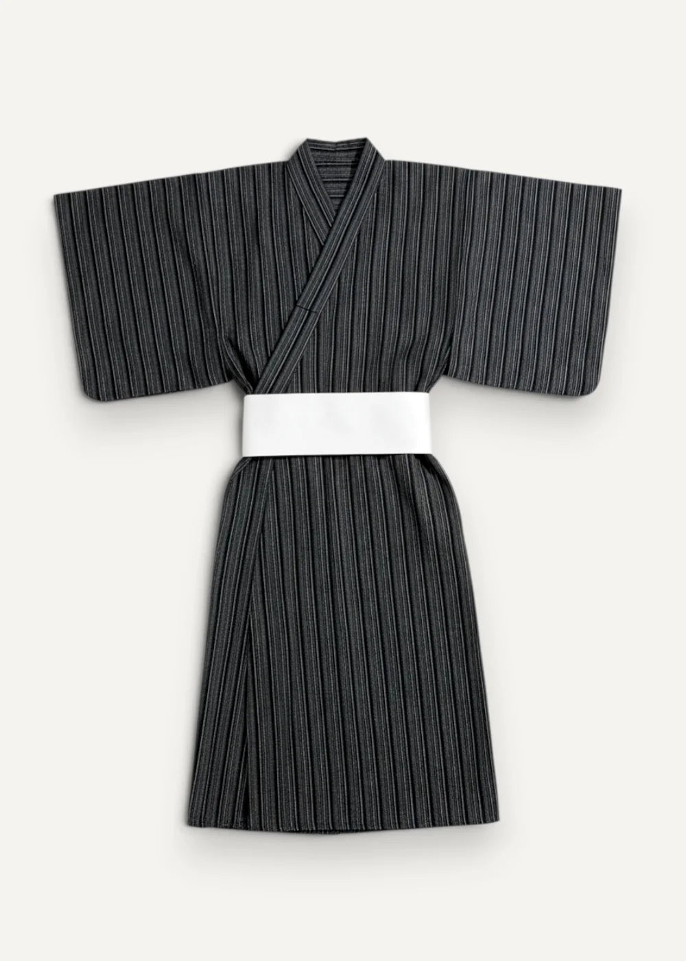Black yukata featuring black stripes with a white obi belt shown from the front side for traditional wear