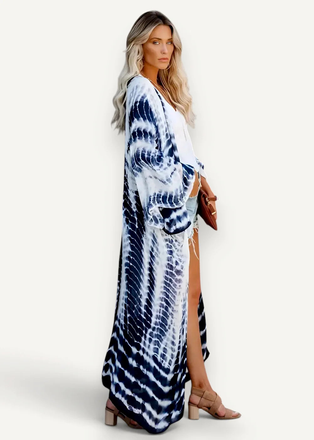 Blue and white kimono flowing tie-dye maxi dress with v-neckline long sleeves and high side slit