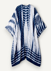 A flowing blue and white tie-dye kaftan kimono with a loose open-front design made from lightweight fabric