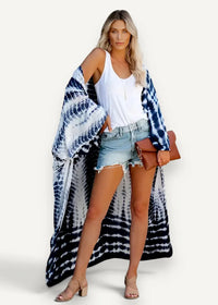Blue and white tie-dye long cardigan kimono featuring lightweight fabric perfect for casual layering