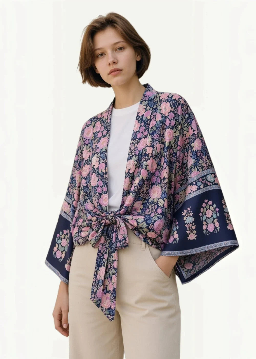 Blue Beach Kimono navy blue and pink floral print kimono jacket with tied waistband and lightweight fabric