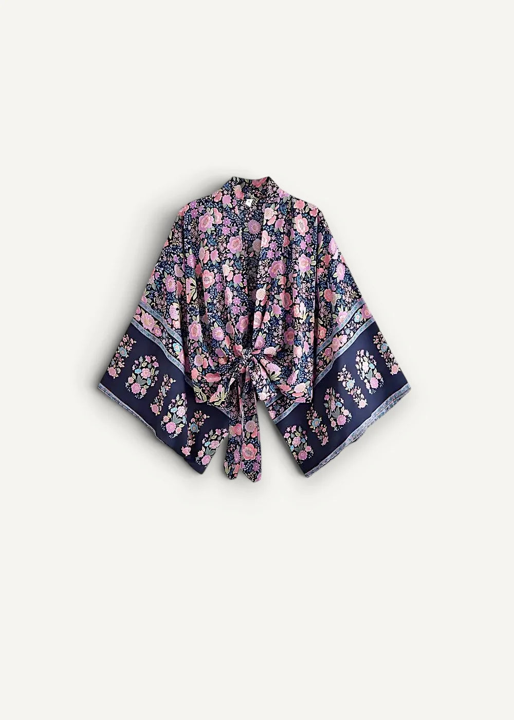Blue beach kimono navy blue wrap with pink and white floral pattern wide sleeves and tied front closure
