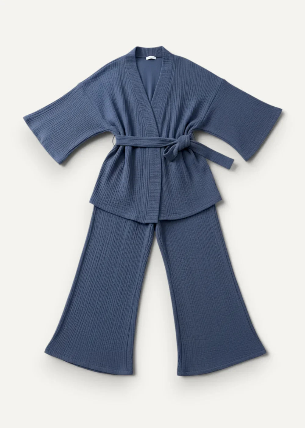 Blue cotton kimono pajamas with soft textured fabric wide sleeves and matching flared pants