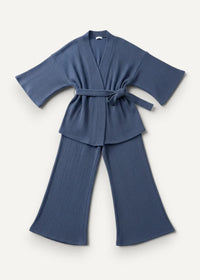 Blue cotton kimono pajamas with soft textured fabric wide sleeves and matching flared pants